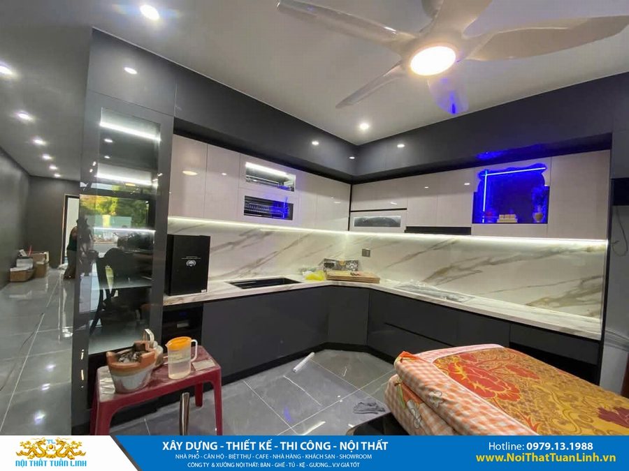 Thiết kế thi công nội thất căn hộ chung cư giá rẻ, hiện đại – tủ bếp chữ L, đá marble, đèn led sang trọng – Nội Thất Tuấn Linh 