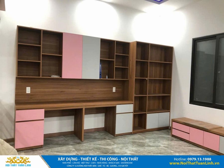 Thi công nội thất phòng ngủ căn hộ – bàn học, kệ sách, tủ trang trí màu hồng pastel – Nội Thất Tuấn Linh 