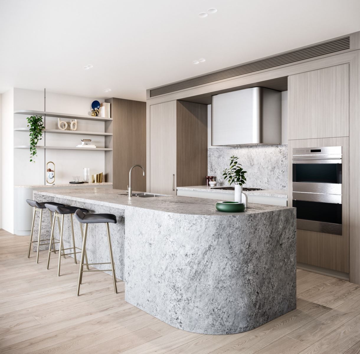 Thiết kế đảo bếp sử dụng chất liệu ốp đá với họa tiết đơn giản mang đến một không gian đậm chất đương đại. 
