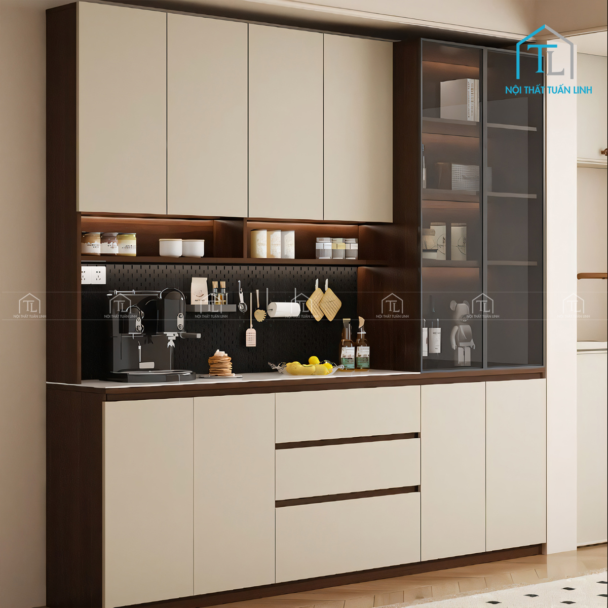 Tủ bếp cánh kính màu nâu khói thiết kế hiện đại