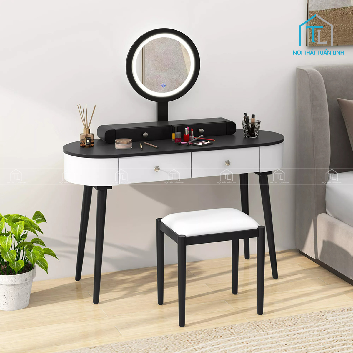 Bàn trang điểm hiện đại tích hợp gương LED xoay và tủ phụ tiện nghi