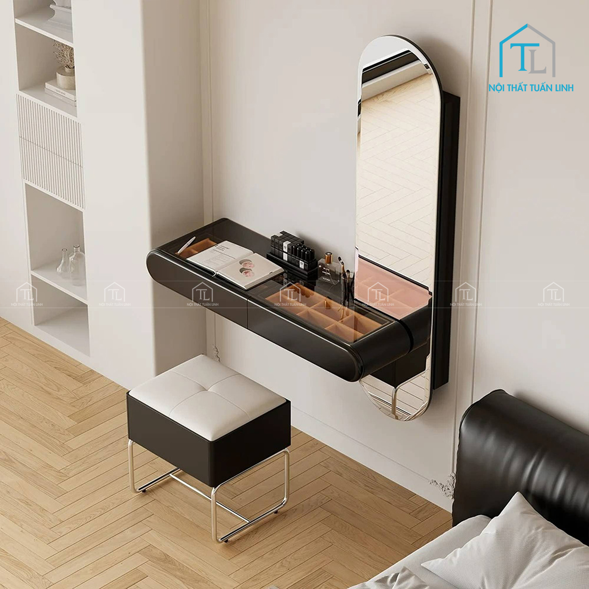 Bàn trang điểm gỗ công nghiệp màu đen kèm gương đứng và ghế ngồi