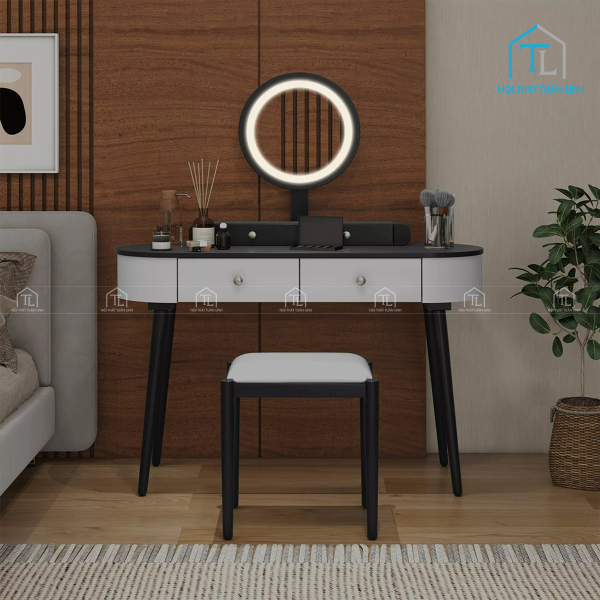 Bàn trang điểm gỗ công nghiệp kết hợp gương LED và ngăn kéo tiện dụng