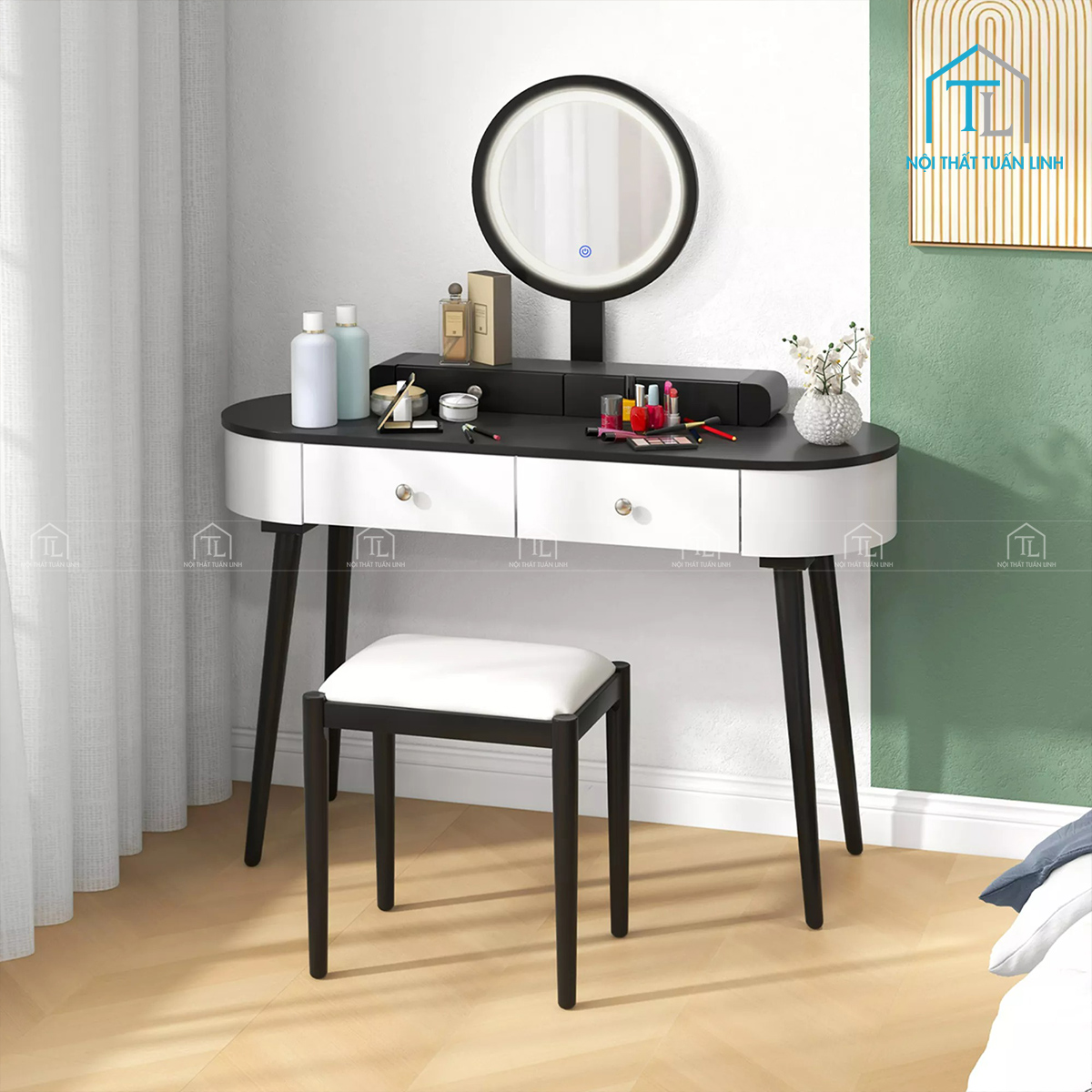Bàn trang điểm gỗ công nghiệp kết hợp gương LED và ngăn kéo tiện dụng