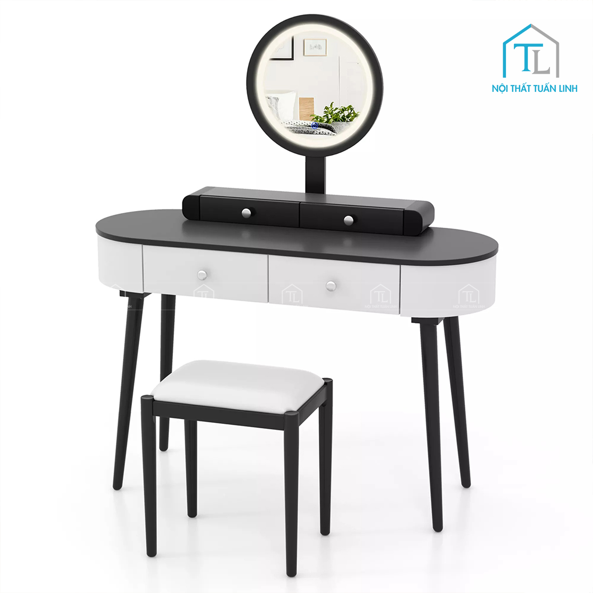Bàn trang điểm gỗ công nghiệp kết hợp gương LED và ngăn kéo tiện dụng