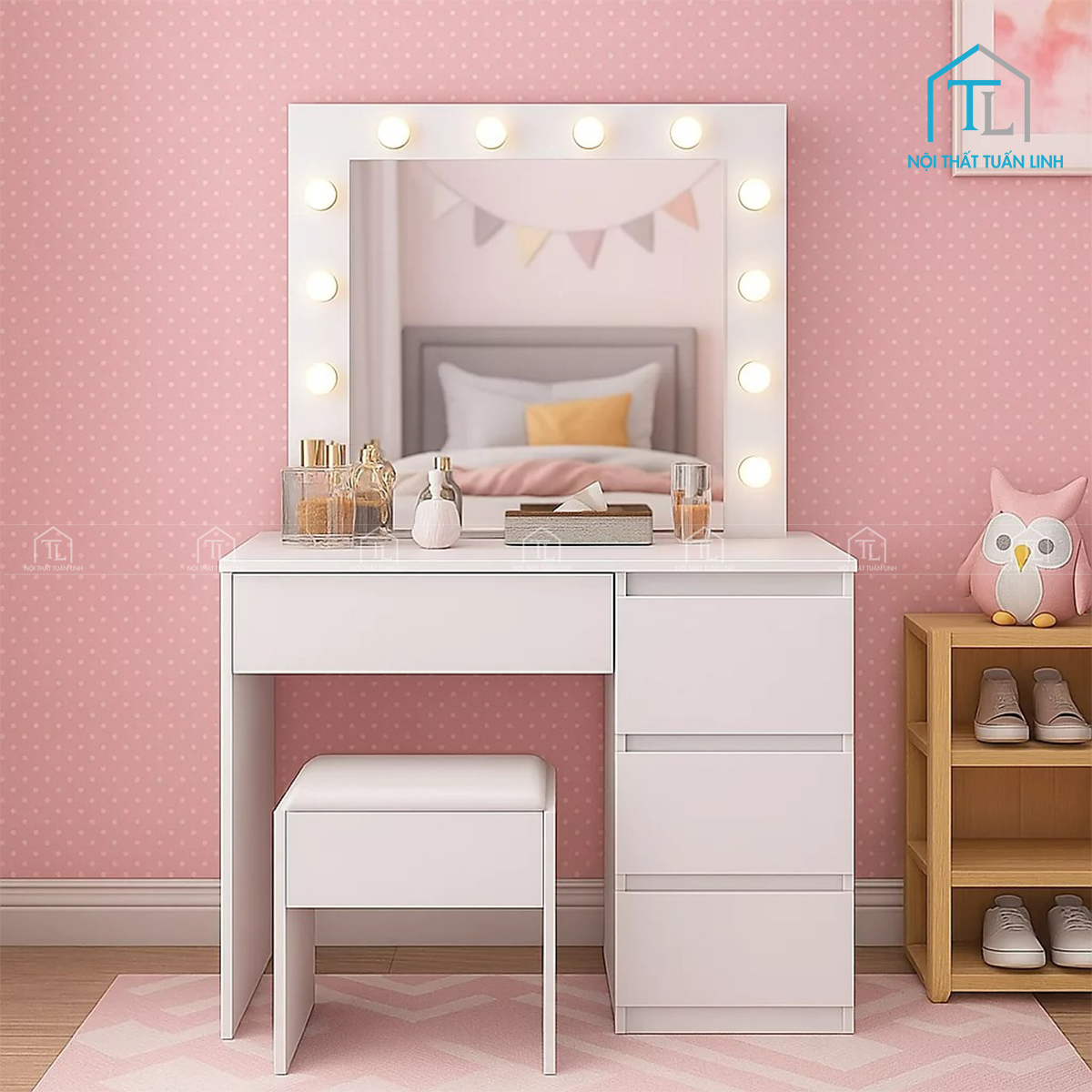 Bàn trang điểm gỗ MDF màu trắng gương LED kèm ghế