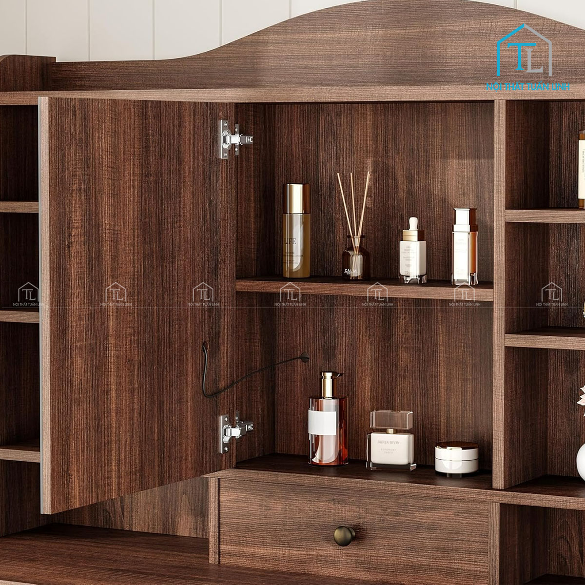 Bàn trang điểm gỗ MDF nhiều ngăn kèm gương LED và ổ cắm điện tiện ích