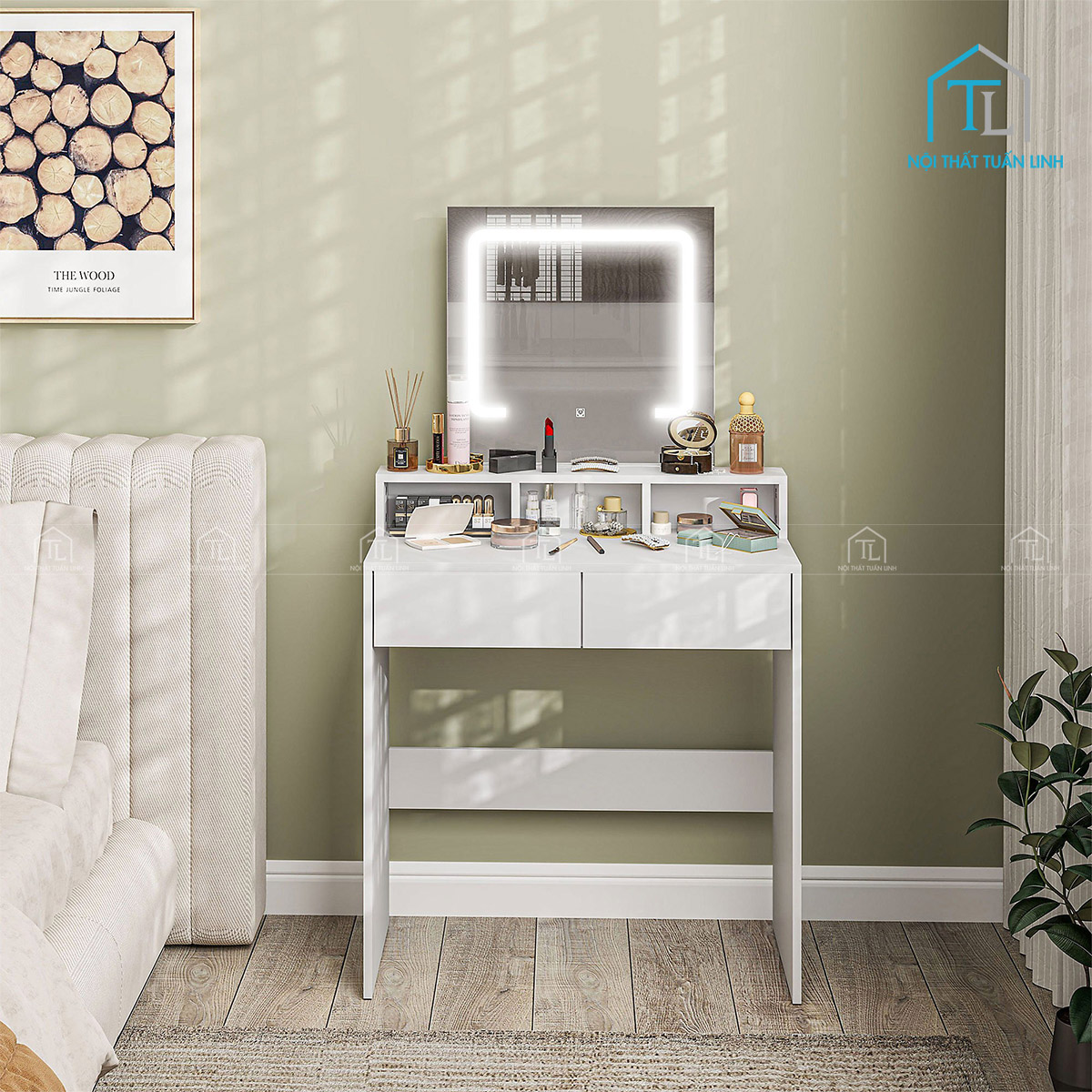 Bàn trang điểm gỗ MDF trắng gương LED đa ngăn thiết kế gọn gàng
