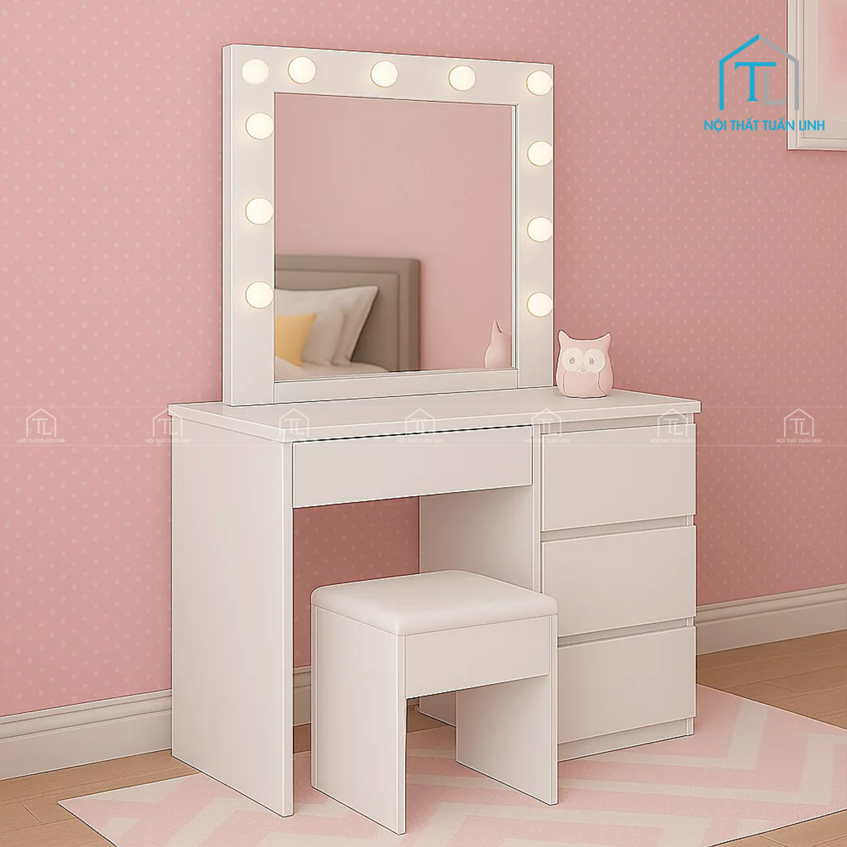 Bàn trang điểm gỗ MDF màu trắng gương LED kèm ghế