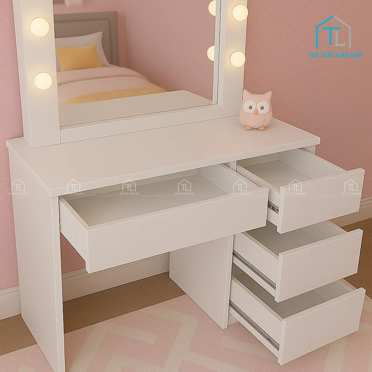 Bàn trang điểm gỗ MDF màu trắng gương LED kèm ghế