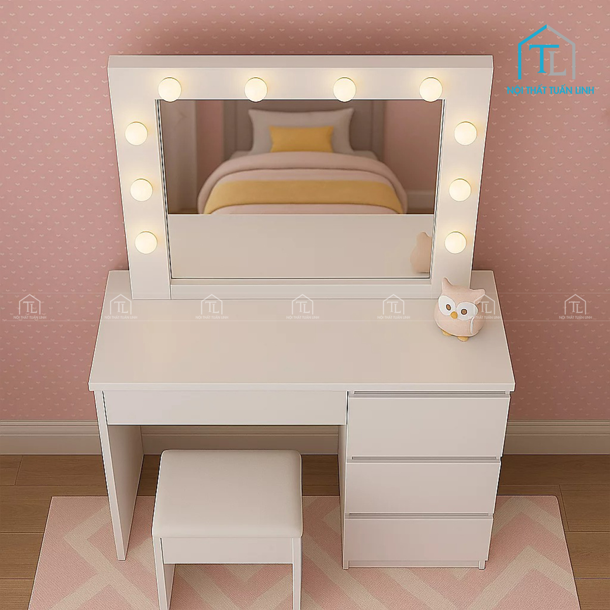 Bàn trang điểm gỗ MDF màu trắng gương LED kèm ghế