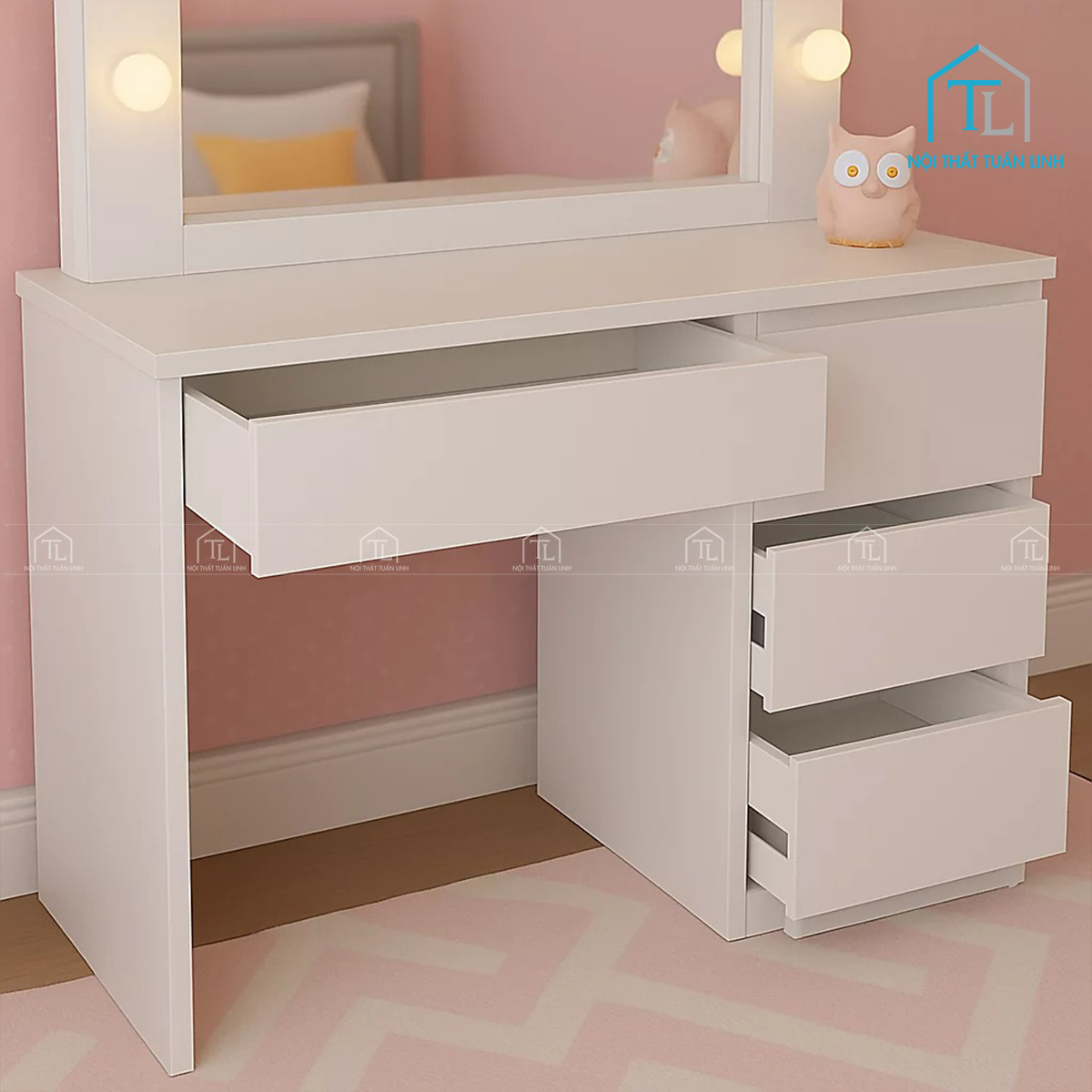 Bàn trang điểm gỗ MDF màu trắng gương LED kèm ghế