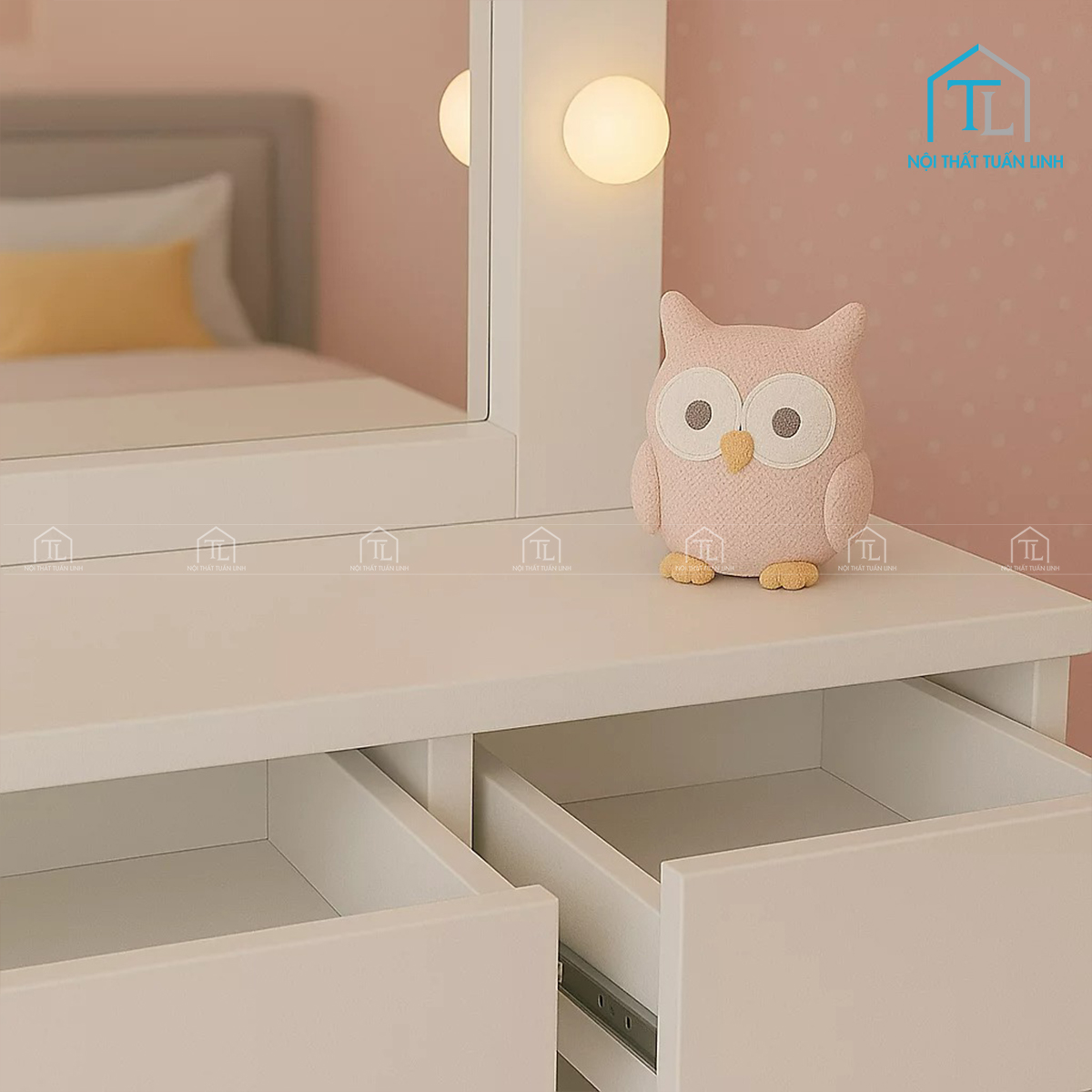 Bàn trang điểm gỗ MDF màu trắng gương LED kèm ghế