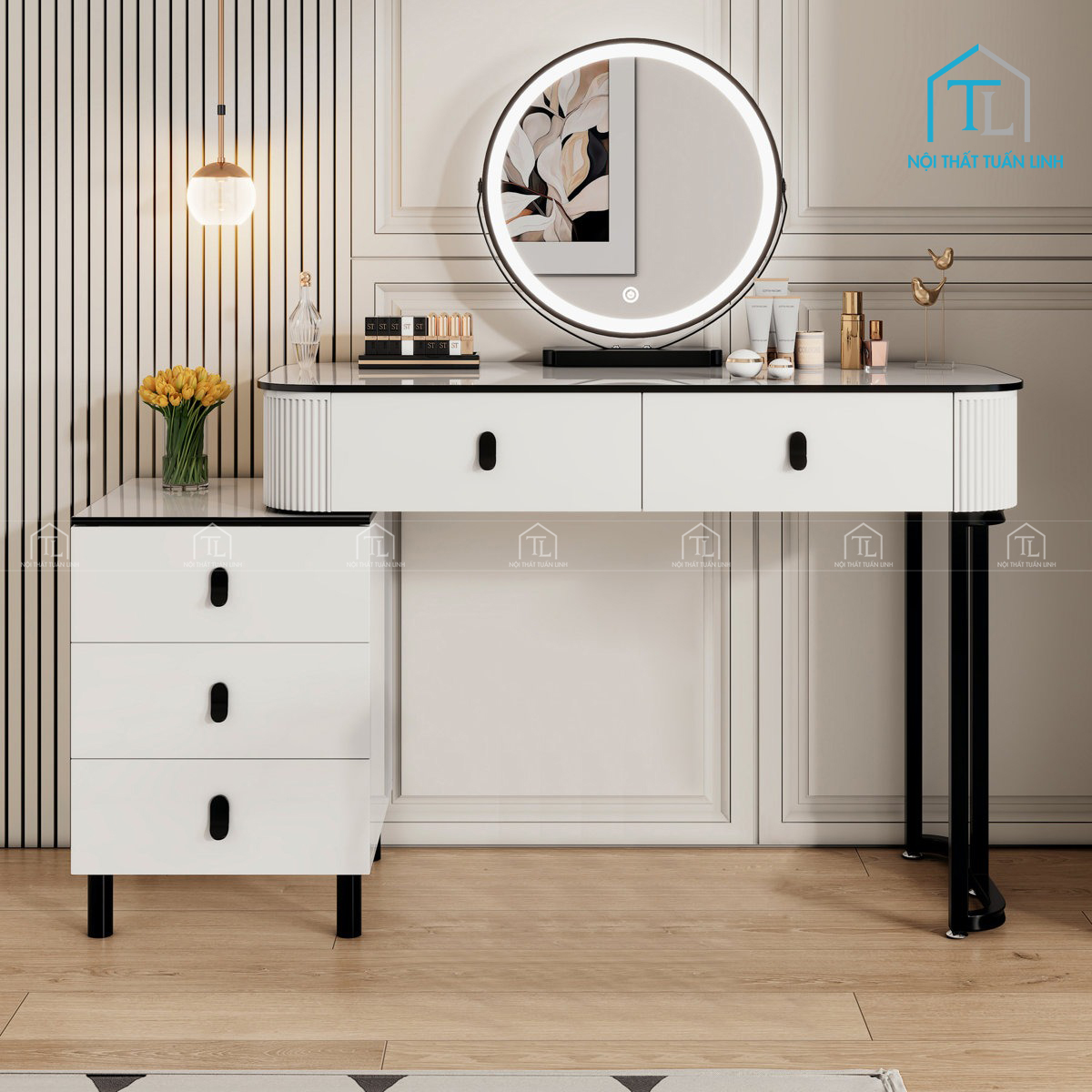 Bàn trang điểm hiện đại tích hợp gương LED xoay và tủ phụ tiện nghi
