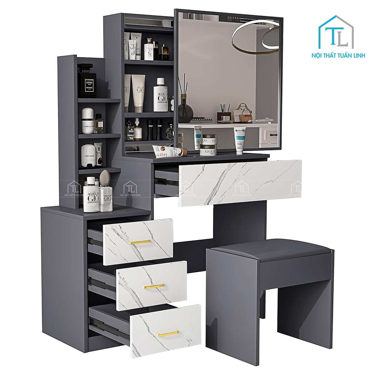 Bàn trang điểm MDF có đèn LED thiết kế gương trượt