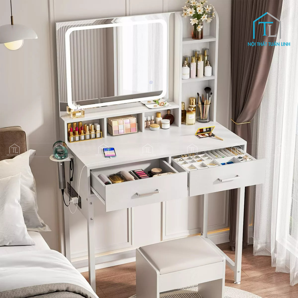 Bàn trang điểm MDF gương LED tích hợp ổ cắm sạc hiện đại
