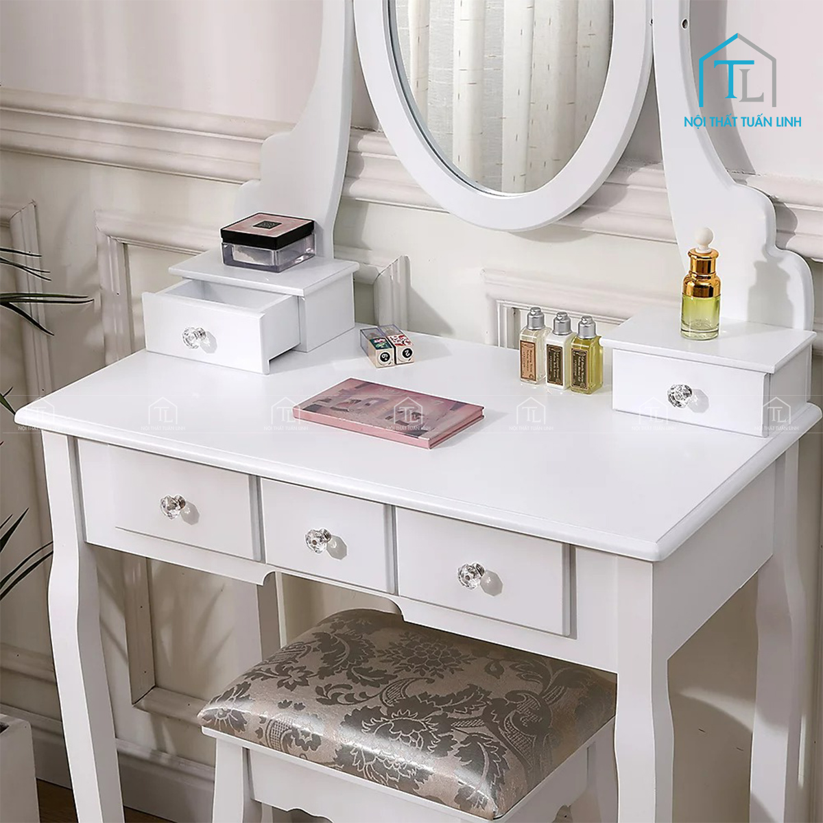 Bàn trang điểm MDF màu trắng 5 ngăn kéo kèm ghế bọc nệm