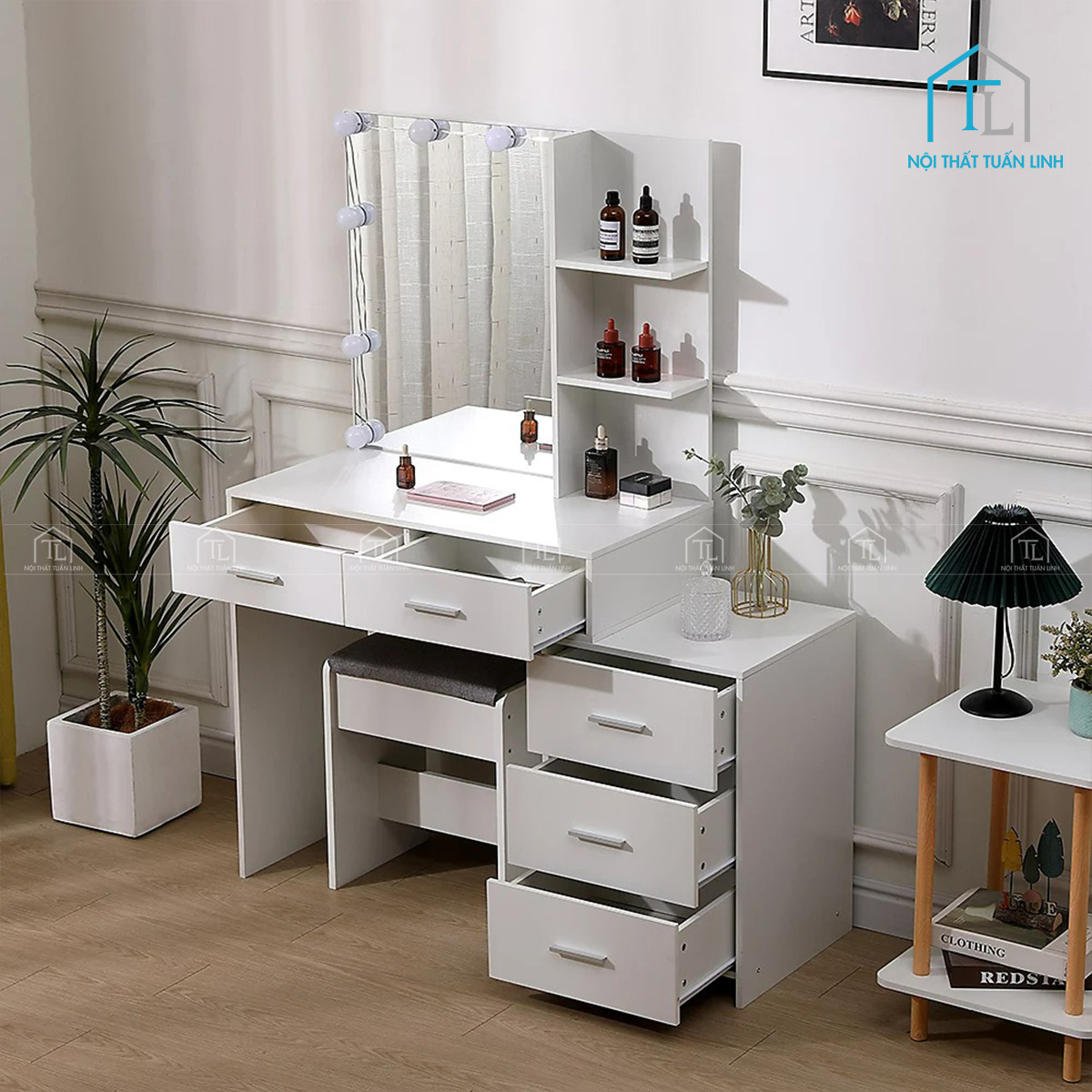 Bàn trang điểm MDF màu trắng gương lớn đèn LED