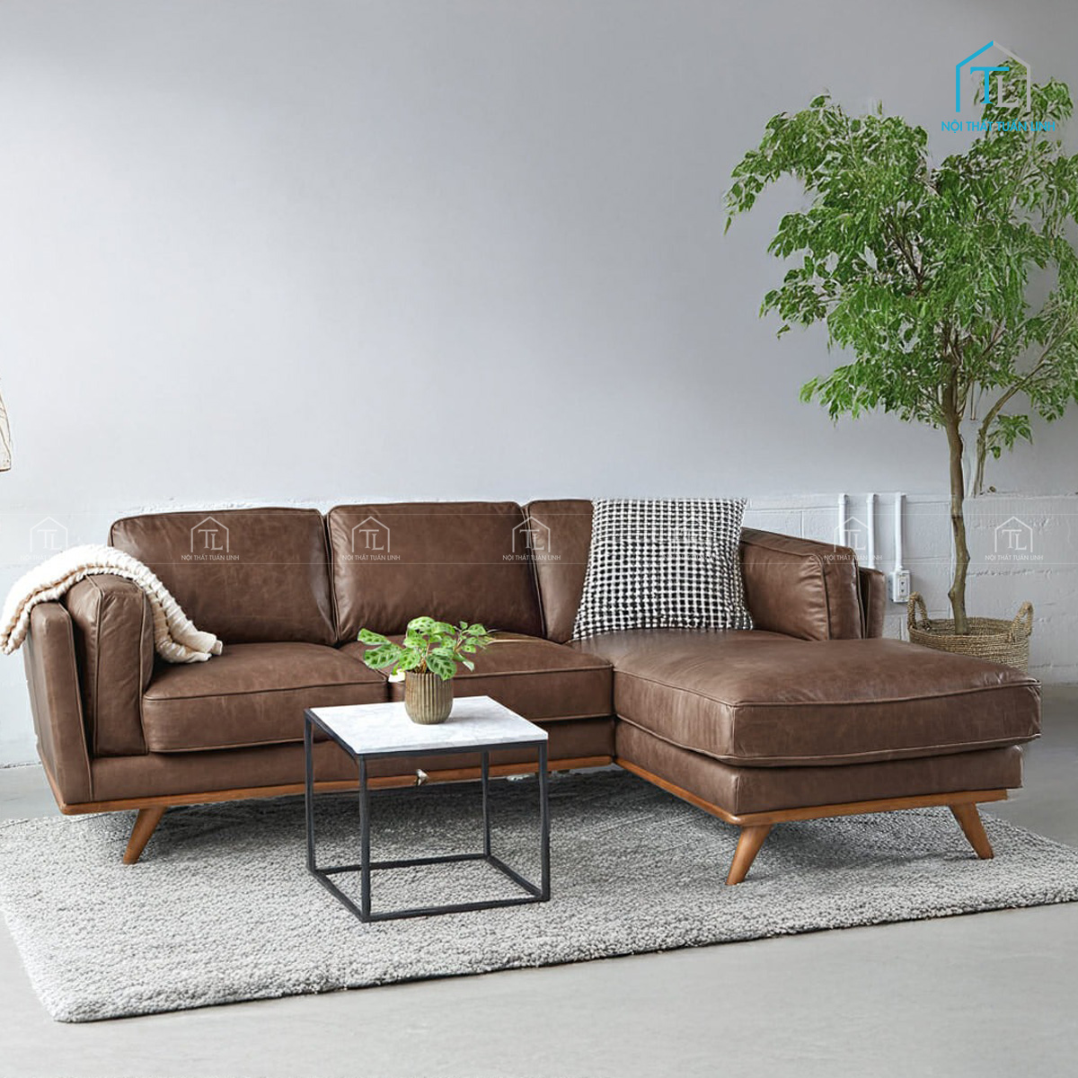Bộ bàn ghế sofa da màu nâu