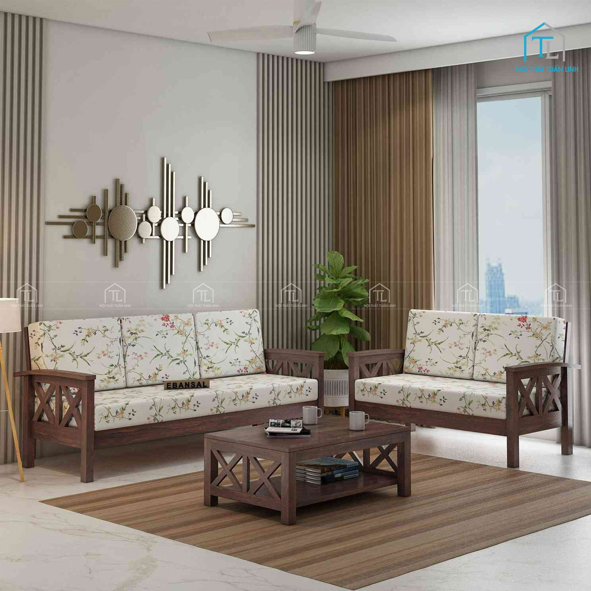 Bộ bàn ghế sofa gỗ óc chó phong cách mộc mạc