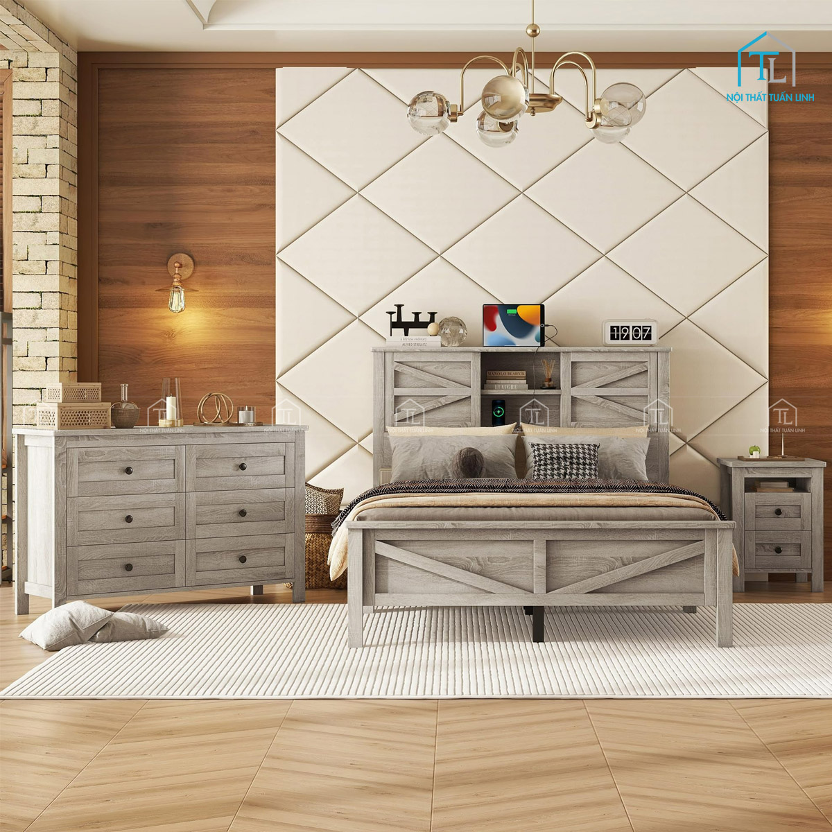 Combo nội thất phòng ngủ gỗ tự nhiên màu xám tinh tế, hiện đại