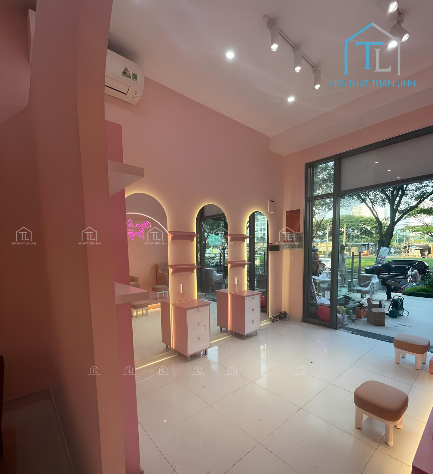 Thi công spa nail tông hồng