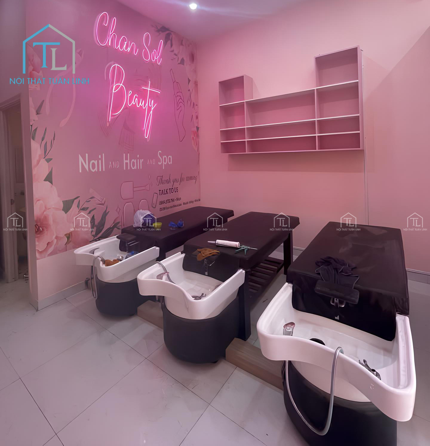 Thi công spa nail tông hồng