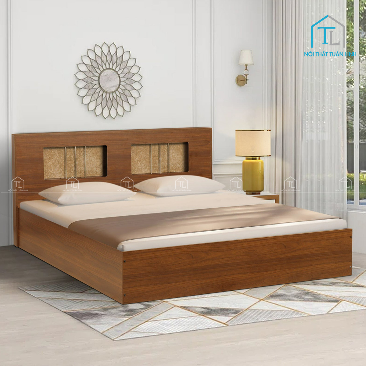 Giường ngủ gỗ công nghiệp vân gỗ sồi thiết kế hiện đại