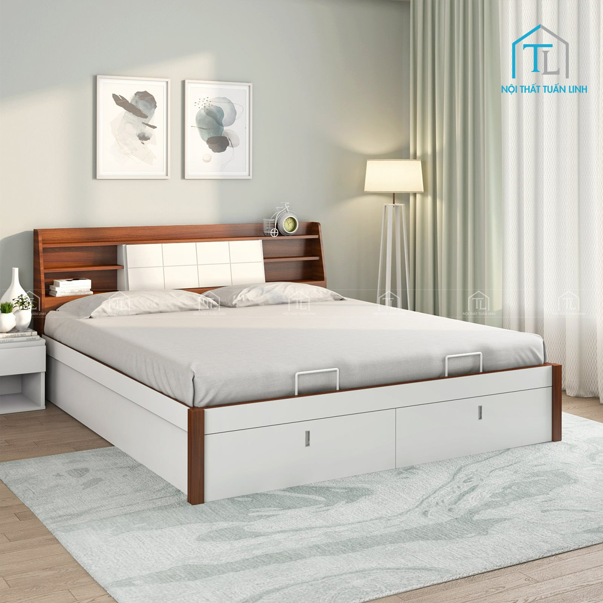 Giường ngủ gỗ công nghiệp có hộc kéo màu trắng thiết kế hiện đại