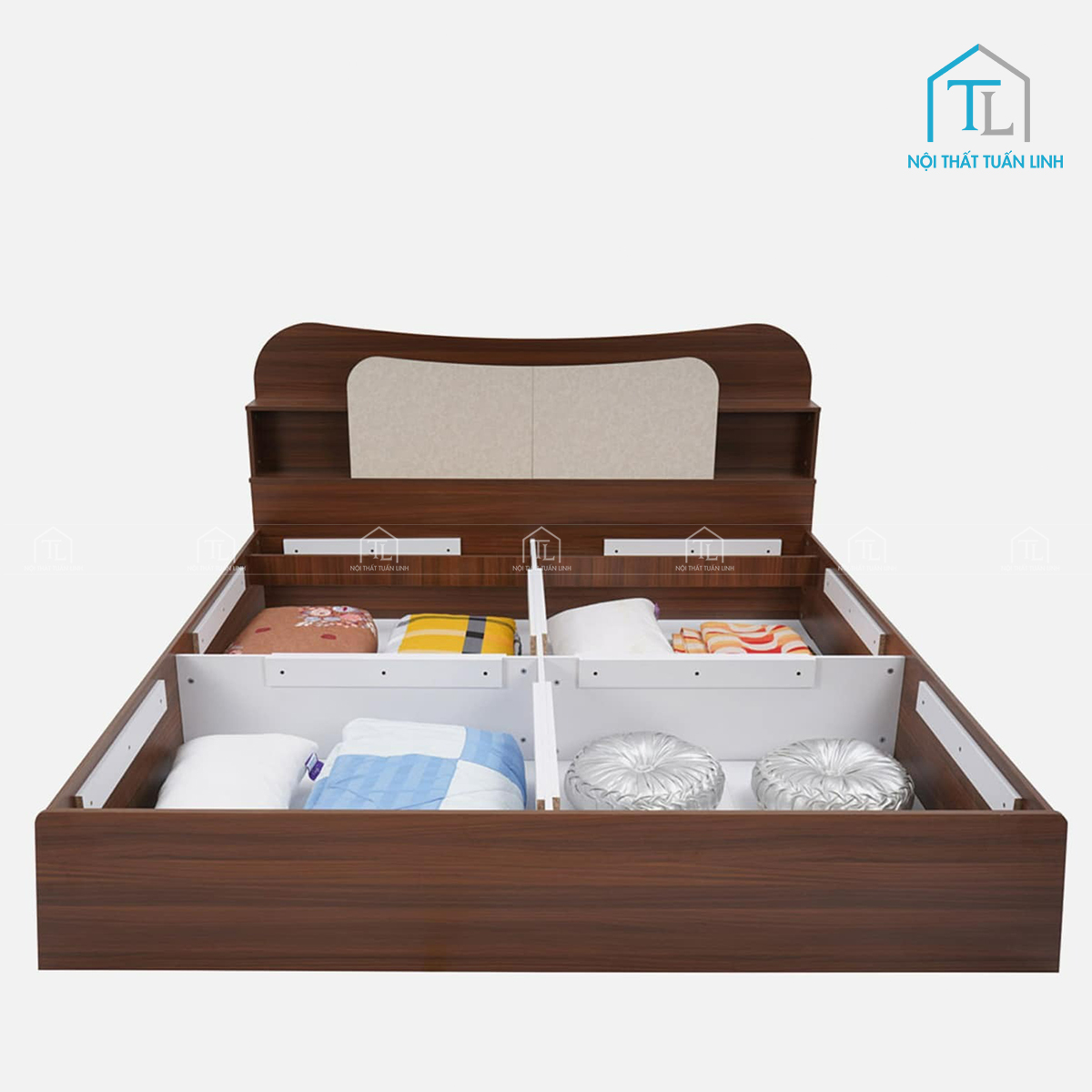 Giường ngủ gỗ công nghiệp vân gỗ óc chó có đầu giường và hộc chứa tiện ích