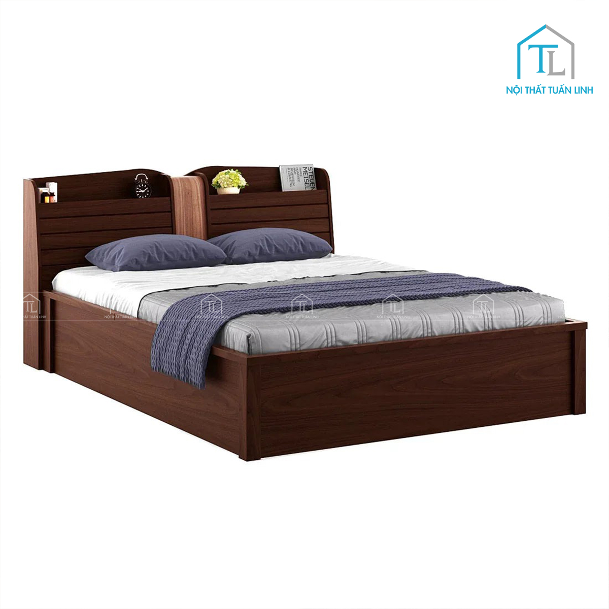 Giường ngủ gỗ công nghiệp vân gỗ hiện đại, tích hợp hộc chứa đồ và kệ đầu giường