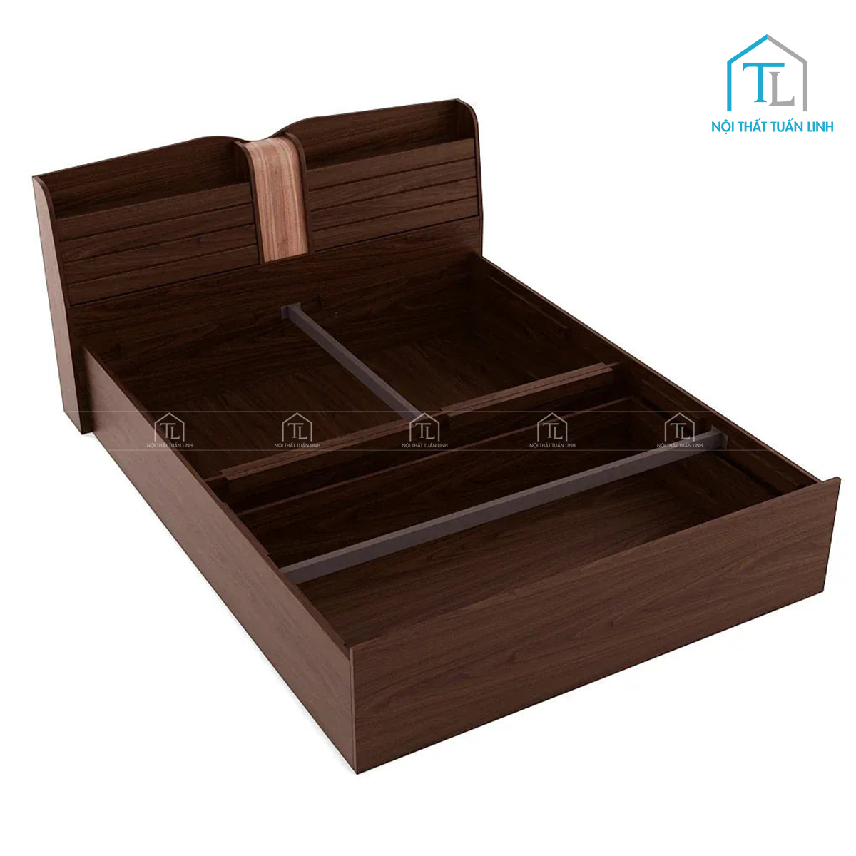 Giường ngủ gỗ công nghiệp vân gỗ hiện đại, tích hợp hộc chứa đồ và kệ đầu giường