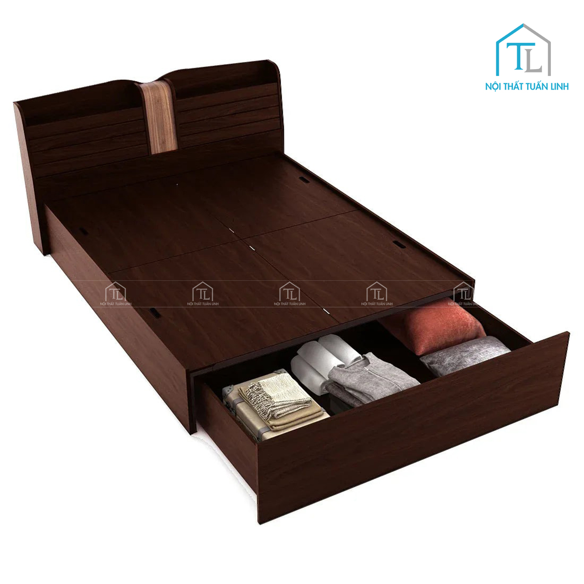 Giường ngủ gỗ công nghiệp vân gỗ hiện đại, tích hợp hộc chứa đồ và kệ đầu giường