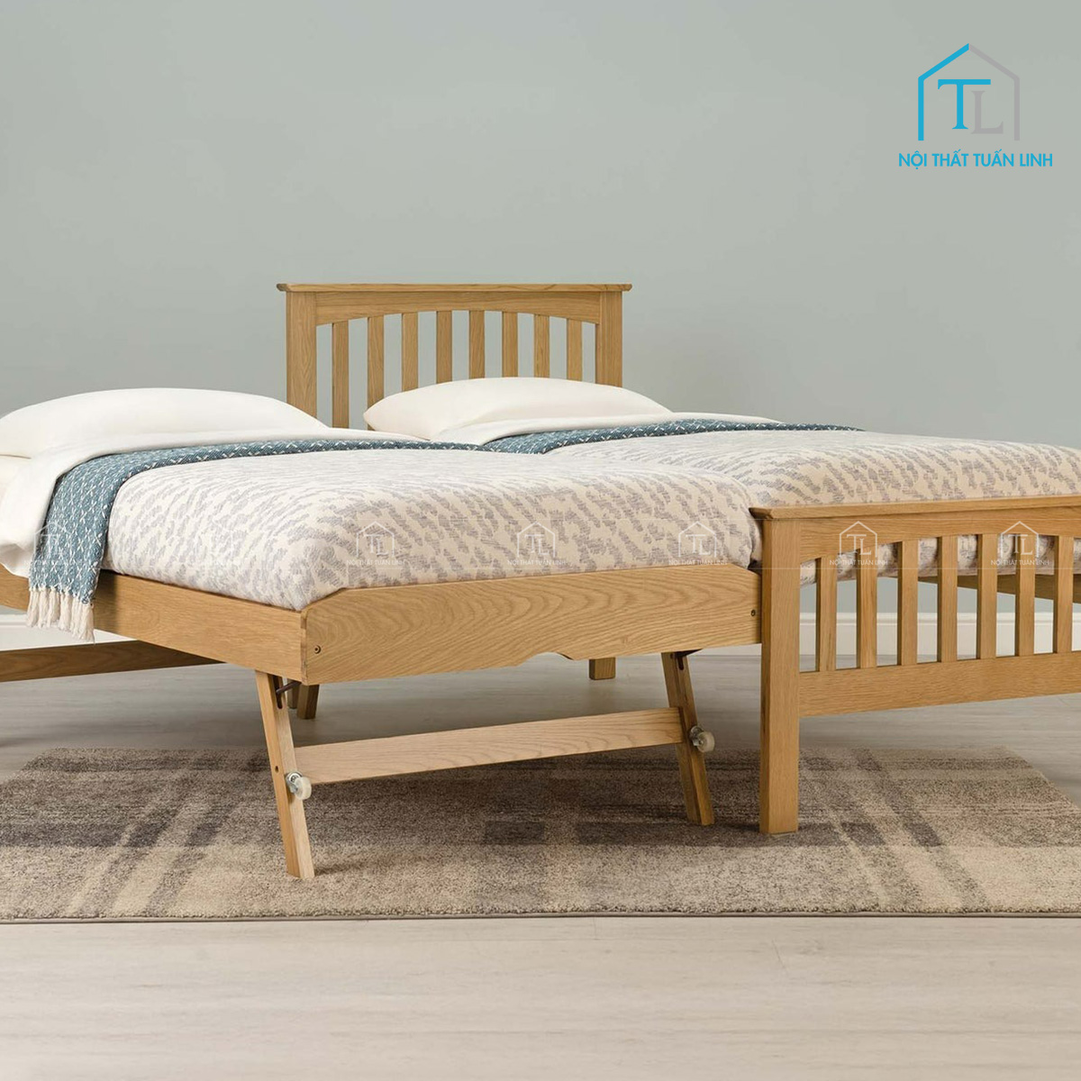 Giường ngủ gỗ sồi tự nhiên kèm giường phụ thông minh phong cách hiện đại