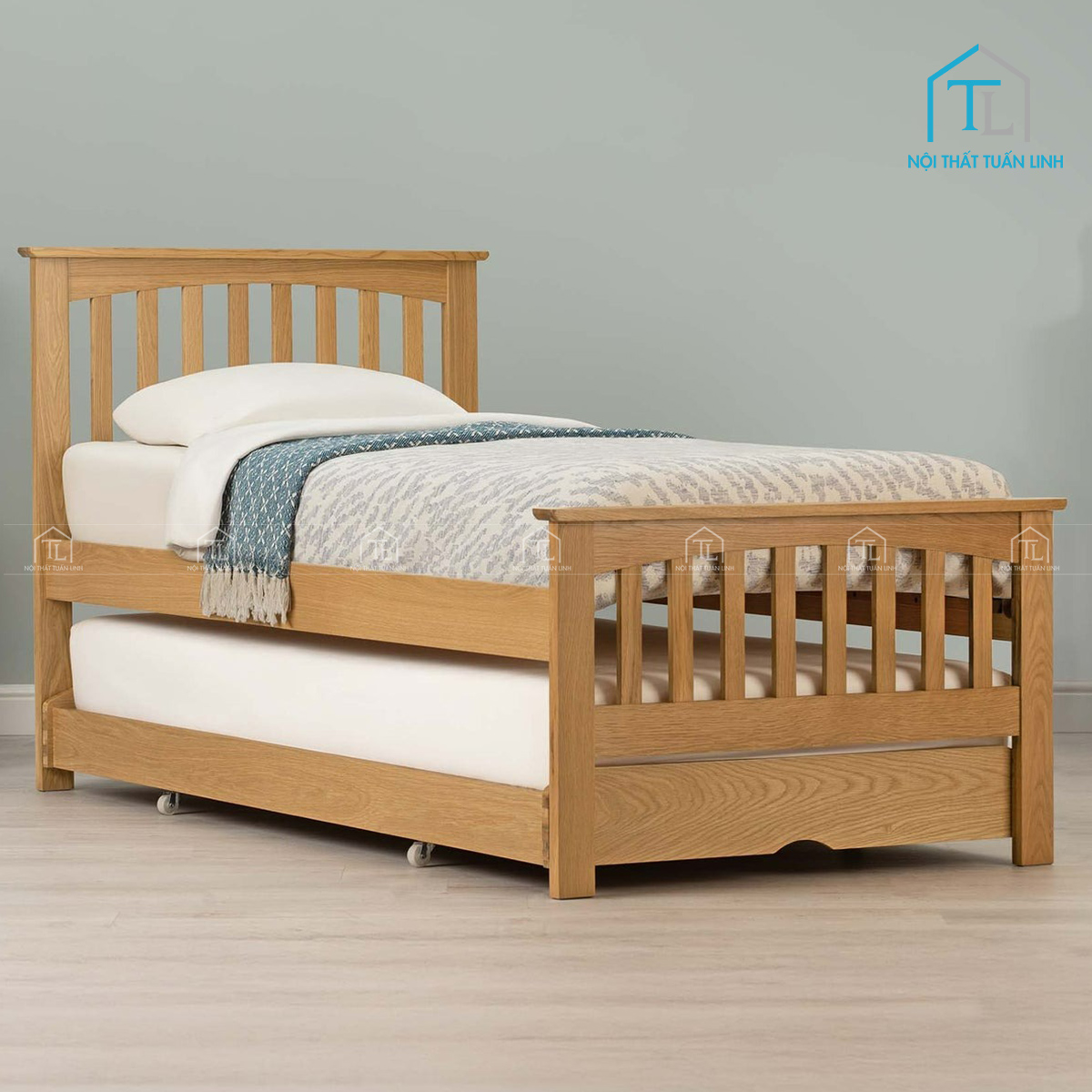 Giường ngủ gỗ sồi tự nhiên kèm giường phụ thông minh phong cách hiện đại
