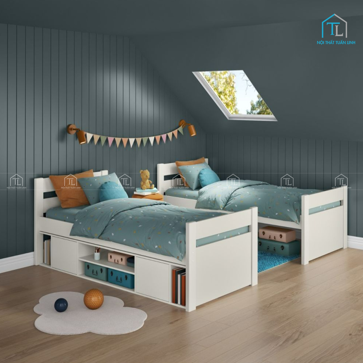Giường ngủ trẻ em gỗ công nghiệp màu trắng có hộc tủ tiện lợi