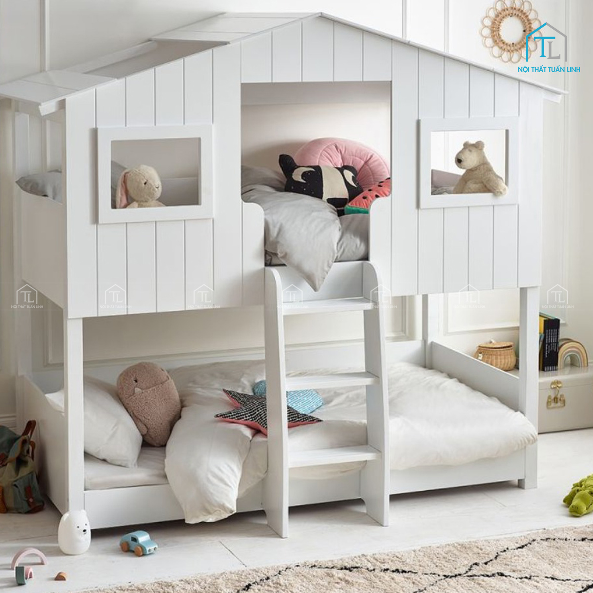Giường tầng trẻ em gỗ màu trắng thiết kế sáng tạo, tiện lợi cho bé