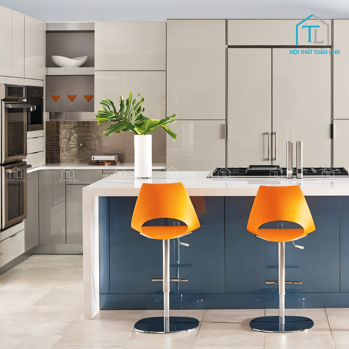 Tủ bếp Acrylic 3 màu kem – xám khói – xanh hiện đại