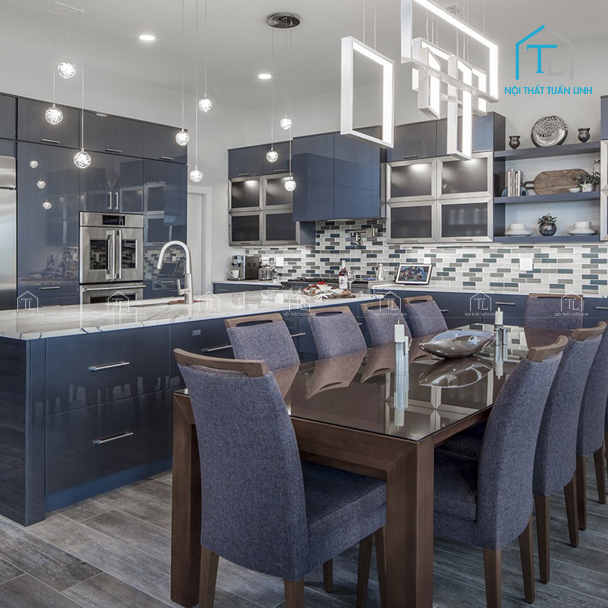 Tủ bếp Acrylic bóng màu xanh hiện đại