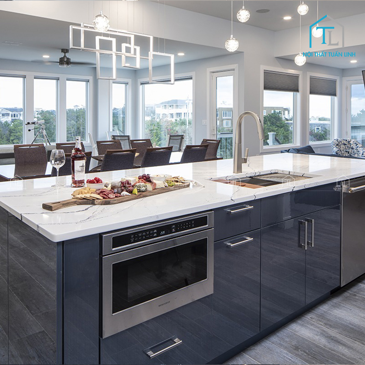 Tủ bếp Acrylic bóng màu xanh hiện đại