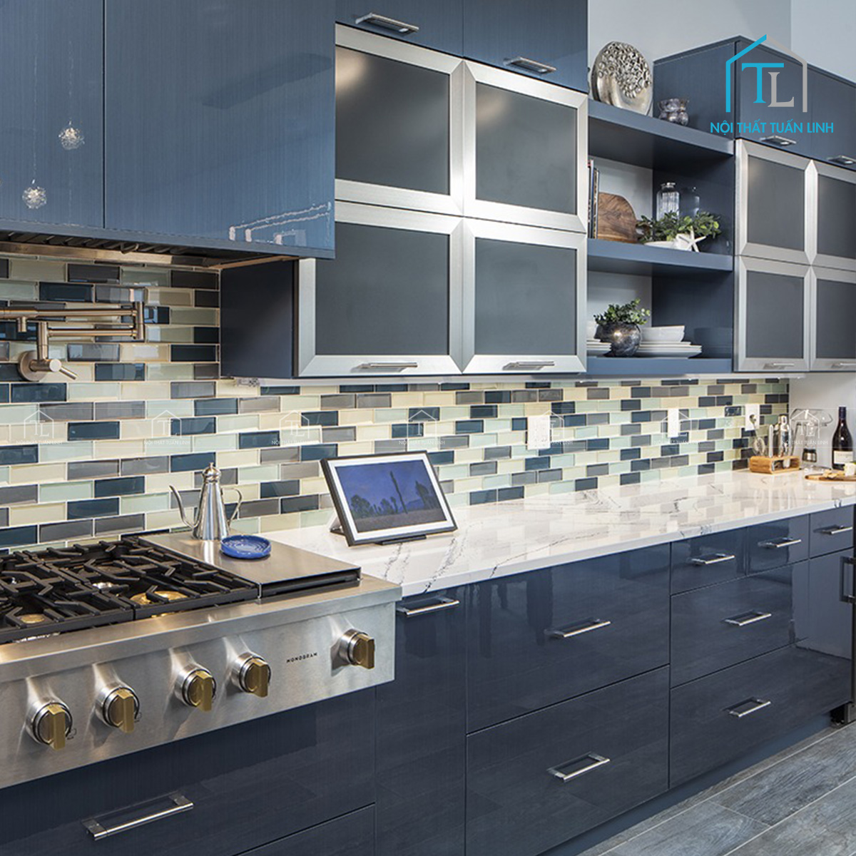 Tủ bếp Acrylic bóng màu xanh hiện đại
