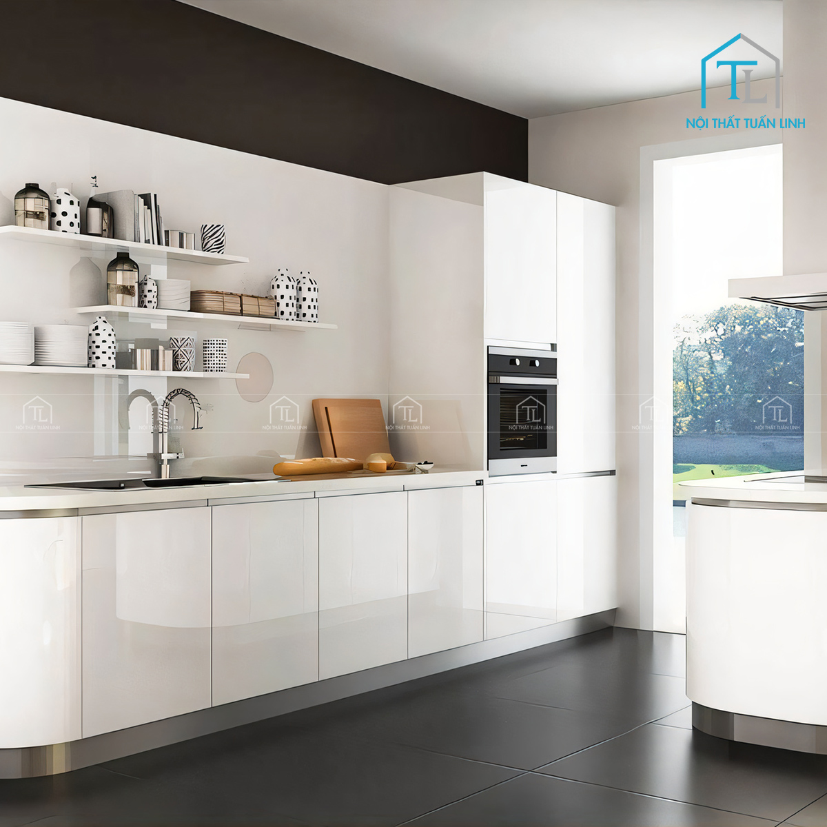 Tủ bếp Acrylic màu trắng bóng gương bo góc hiện đại