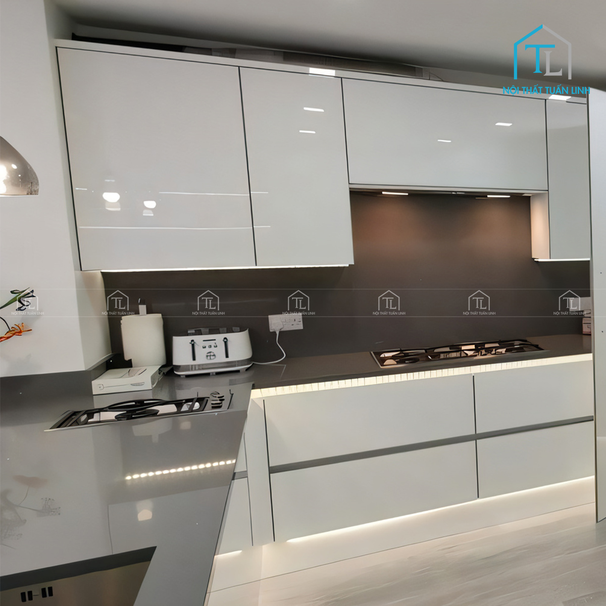 Tủ bếp Acrylic màu trắng bóng gương thiết kế hiện đại