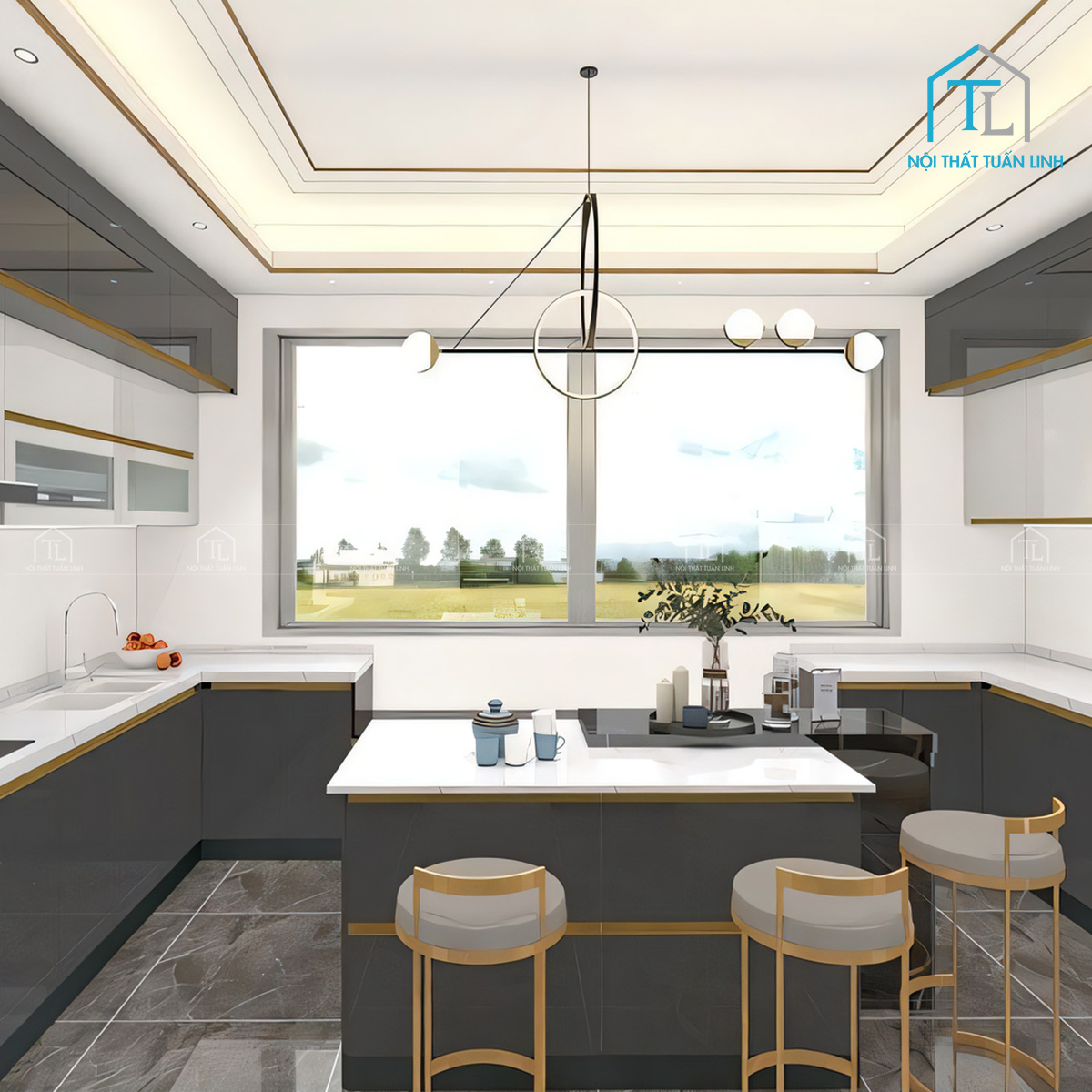 Tủ bếp Acrylic xám đen kết hợp trắng bóng gương phong cách hiện đại