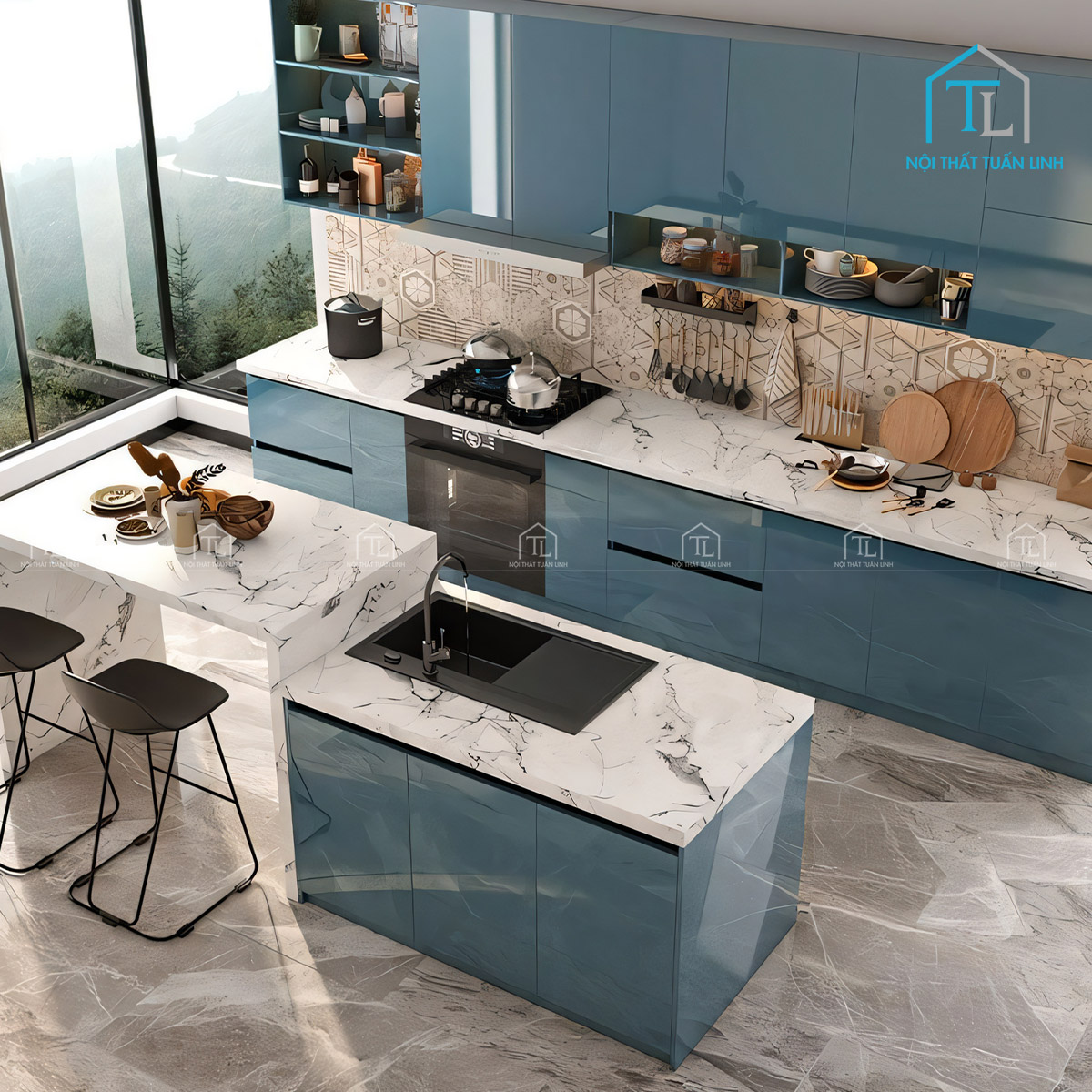Tủ bếp acrylic xanh khói bóng gương thiết kế hiện đại cao cấp