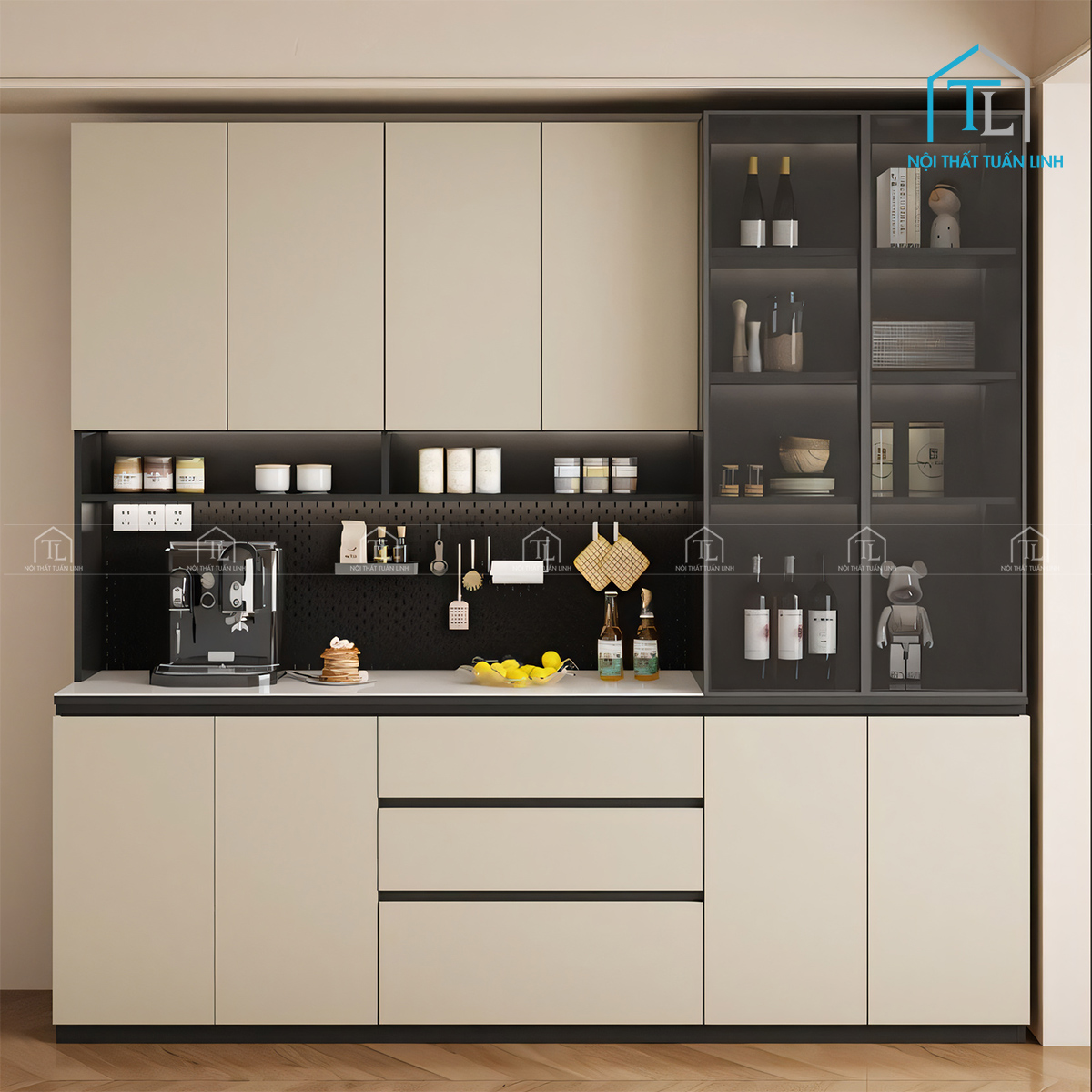 Tủ bếp cánh kính màu nâu khói thiết kế hiện đại
