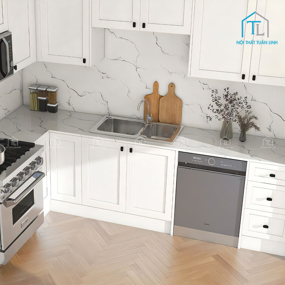 Tủ bếp MDF trắng bóng kết hợp vân gỗ thiết kế chữ L hiện đại