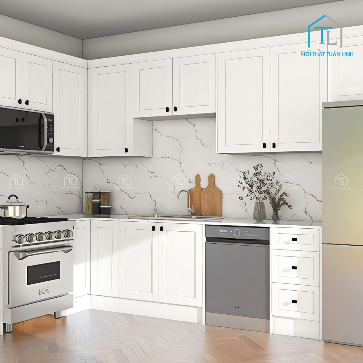Tủ bếp MDF trắng bóng kết hợp vân gỗ thiết kế chữ L hiện đại
