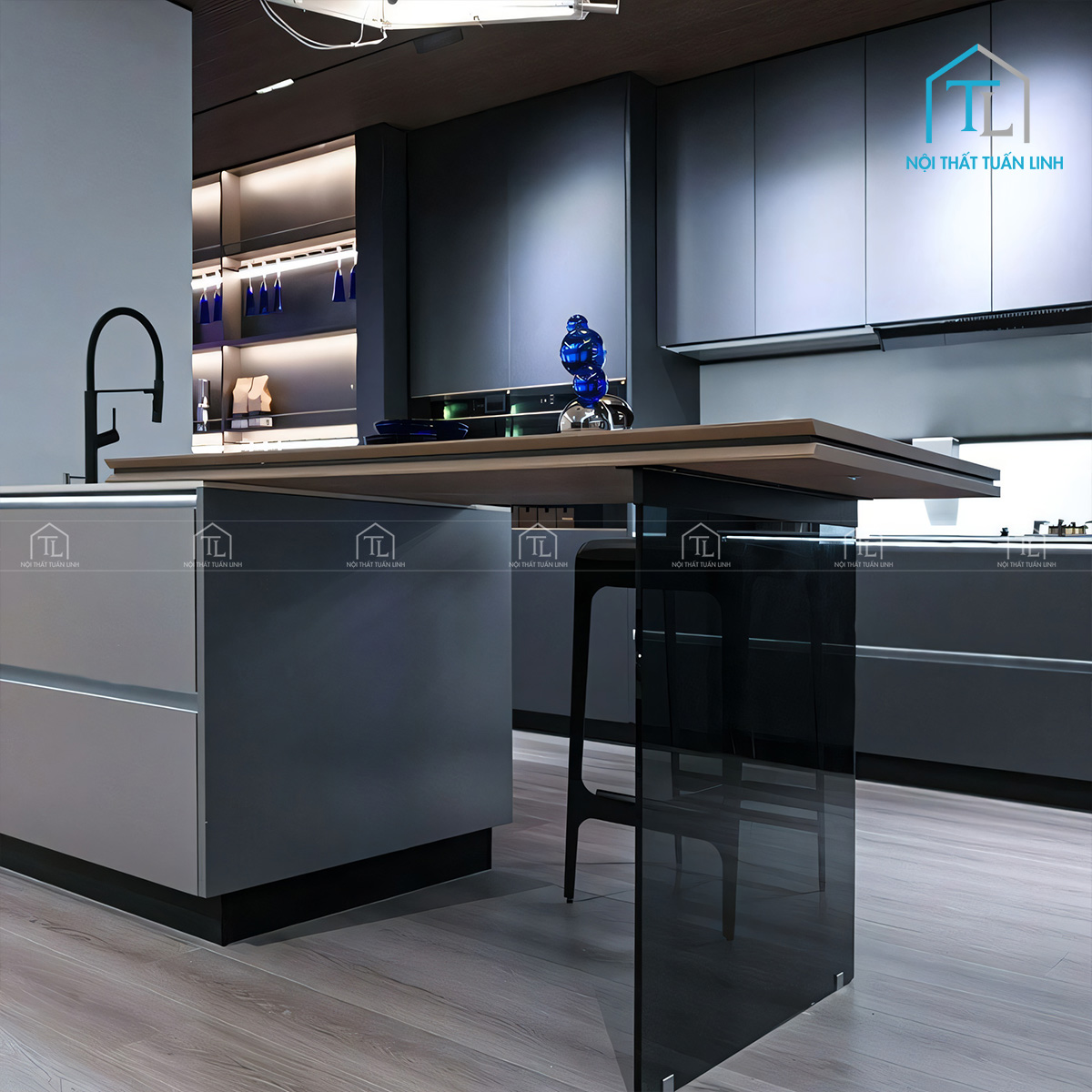 Tủ bếp Acrylic màu trắng bóng gương thiết kế hiện đại