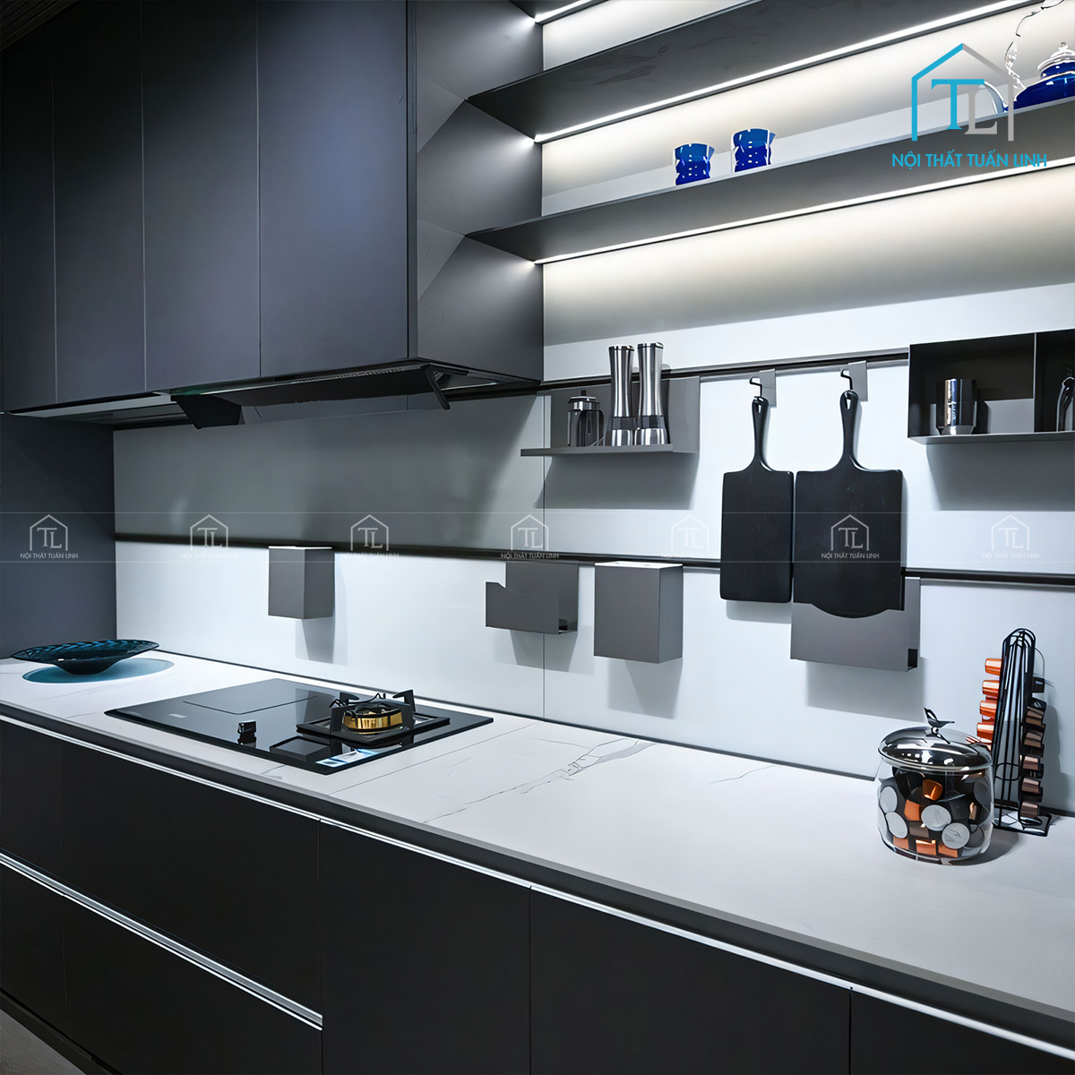Tủ bếp Acrylic màu trắng bóng gương thiết kế hiện đại